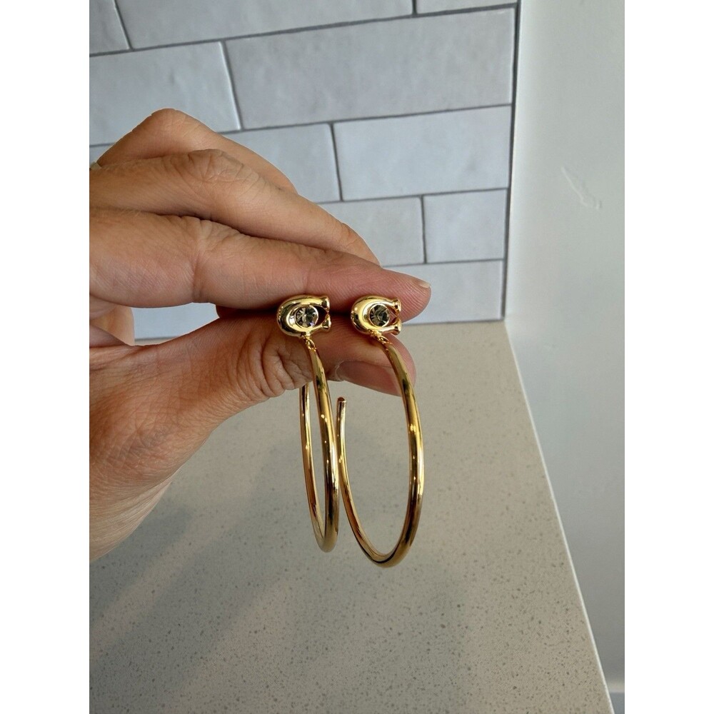 Authentic Coach Gold Signature 1.5" Hoop Earrings with Crystal
